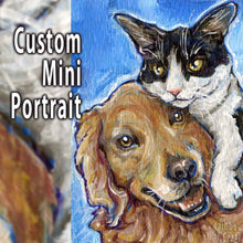 Load image into Gallery viewer, A custom portrait painting is ACEO sized (2.5" by 3.5") featuring a black and white cat, and a labrador retriever dog.