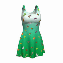 Load image into Gallery viewer,  the Garden Pests Green Dress: a green ombre skater style dress, printed with illustrations of different garden pests, including ear wigs, Japanese beetles, rabbits, squirrels, and more