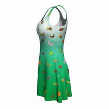 Load image into Gallery viewer,  the Garden Pests Green Dress: a green ombre skater style dress, printed with illustrations of different garden pests, including ear wigs, Japanese beetles, rabbits, squirrels, and more
