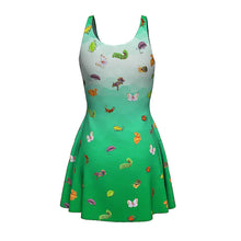Load image into Gallery viewer,  the Garden Pests Green Dress: a green ombre skater style dress, printed with illustrations of different garden pests, including ear wigs, Japanese beetles, rabbits, squirrels, and more