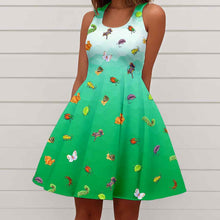 Load image into Gallery viewer, a woman wearing the Garden Pests Green Dress: a green ombre skater style dress, printed with illustrations of different garden pests, including ear wigs, Japanese beetles, rabbits, squirrels, and more