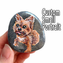 Load image into Gallery viewer, hand painted stone, featuring a smiling yorkshire terrier. "custom small portrait"