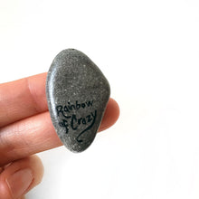 Load image into Gallery viewer, the back of the black cat / lightning stone, signed with "Rainbow of Crazy"