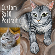 Load image into Gallery viewer, A custom 8x10 inch painting of a grey tabby cat, lying down in front of a swirly brown background.