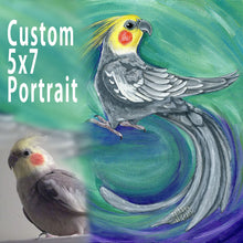 Load image into Gallery viewer, A custom pet painting, on 5x7 inch canvas, with art of a grey and yellow cockatiel.