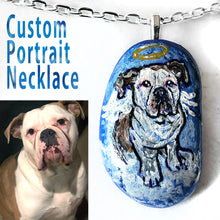 Load image into Gallery viewer, A custom pet portrait necklace, with a painting of an English bulldog painted as an angel.