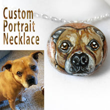 Load image into Gallery viewer, a peach coloured beach stone, painted with the a custom portrait of a Staffordshire Terrier dog and handmade into a necklace