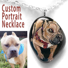 Load image into Gallery viewer, a small rock art of a brown pit bull portrait painting, custom made into a pendant necklace