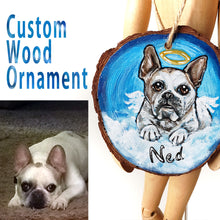 Load image into Gallery viewer, custom wood christmas tree ornament, hand painted with a portrait of a white dog, as an angel in the clouds, with the name "ned" added underneath