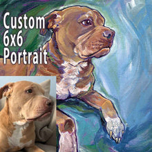 Load image into Gallery viewer, a custom pet portrait of a brown and white dog, painted on a 6x6 inch canvas