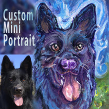 Load image into Gallery viewer, A custom portrait painting is ACEO sized (2.5" by 3.5") featuring a black dog painted in purple and blues.