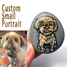 Load image into Gallery viewer, a beach rock painted with custom art of a brown Shih Tzu dog