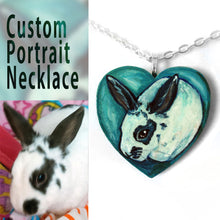 Load image into Gallery viewer, A personalized pet portrait necklace, with art of a white and black bunny rabbit, painted on a heart shaped wood pendant