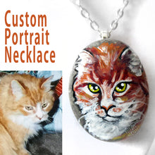 Load image into Gallery viewer, A small beach rock, custom painted with a portrait of an orange cat and crafted into a pendant necklace.