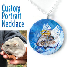 Load image into Gallery viewer, A circle wood pendant necklace, hand painted with a custom pet portrait of an brown and white hamster as an angel.
