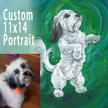 Load image into Gallery viewer, A custom 11x14 inch portrait painting of a white dog with black ears, with a green background