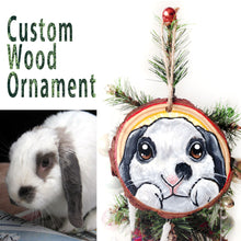 Load image into Gallery viewer, custom wood christmas tree ornament, hand painted with a portrait of a white and gray mini lop rabbit