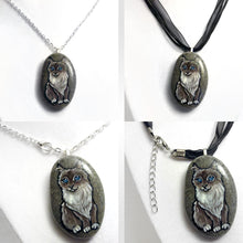 Load image into Gallery viewer, A collage, showing a cat portrait pendant, with the left side showing the necklace on a chain, and on the right side, the pendant hanging from a black cord ribbon necklace.