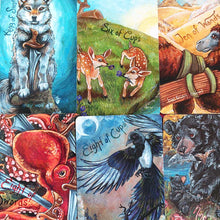 Load image into Gallery viewer, Cards from The Animism Tarot Mini Borderless Edition. King of swords, six of cups. ten of wands. eight of swords. eight of cups. nine of cups