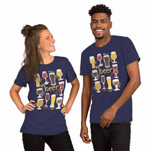 Load image into Gallery viewer, A woman and man wearing the Beer Lovers Premium T-shirt in the colour heather midnight navy, which is printed with an illustration of 10 different styles of beers.