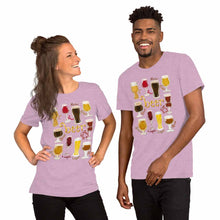 Load image into Gallery viewer, A woman and man wearing the Beer Lovers Premium T-shirt in the colour heather prism lilac purple, which is printed with an illustration of 10 different styles of beers.