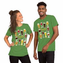 Load image into Gallery viewer, A woman and man wearing the Beer Lovers Premium T-shirt in the colour leaf green, which is printed with an illustration of 10 different styles of beers.