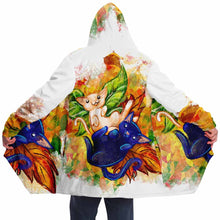 Load image into Gallery viewer, a man wearing a white cloak, printed with art of a white cat and black cat painted as autumn fairies with leaf wings