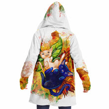 Load image into Gallery viewer, a woman wearing a white cloak, printed with art of a white cat and black cat painted as autumn fairies with leaf wings
