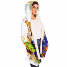 Load image into Gallery viewer, a woman wearing a white cloak, printed with art of a white cat and black cat painted as autumn fairies with leaf wings