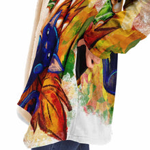 Load image into Gallery viewer, a woman wearing a white cloak, printed with art of a white cat and black cat painted as autumn fairies with leaf wings