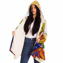 Load image into Gallery viewer, a woman wearing a white cloak, printed with art of a white cat and black cat painted as autumn fairies with leaf wings