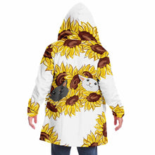 Load image into Gallery viewer, a man wears a white microfiber fleece cloak, printed with sunflower art, with a black cat and white cat peeking out from the flowers