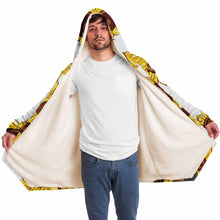 Load image into Gallery viewer, a man wears a white microfiber fleece cloak, printed with sunflower art, with a black cat and white cat peeking out from the flowers