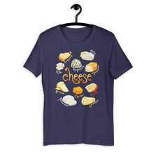 Load image into Gallery viewer, The Cheese Lovers Unisex Premium T-shirt in the colour heather midnight navy, which includes an illustration of 10 types of cheese.