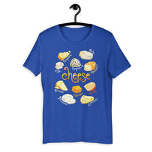 Load image into Gallery viewer, The Cheese Lovers Unisex Premium T-shirt in the colour heather true royal blue, which includes an illustration of 10 types of cheese.