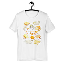 Load image into Gallery viewer, The Cheese Lovers Unisex Premium T-shirt in the colour white, which includes an illustration of 10 types of cheese.