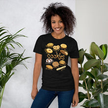 Load image into Gallery viewer, A woman is wearing the Cookie Lovers Unisex Premium T-shirt in the colour black heather, features art of 10 different types of cookies.