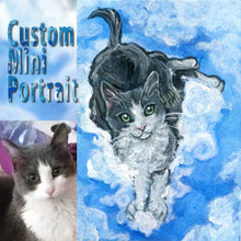 Load image into Gallery viewer, A custom portrait painting is ACEO sized (2.5" by 3.5") featuring a gray and white cat