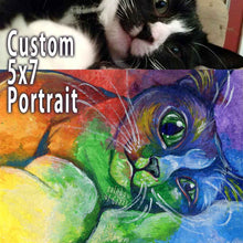 Load image into Gallery viewer, a custom portrait of a black and white cat, painted with rainbow colours on 5x7 inch canvas