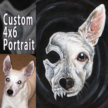 Load image into Gallery viewer, a custom split portrait painting of a white dog. on the left side: a black cat's face, on the right: its dark, stylized skull