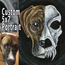 Load image into Gallery viewer, a custom split portrait painting of a brown dog. on the left side: a dog's face, on the right: its dark, stylized skull