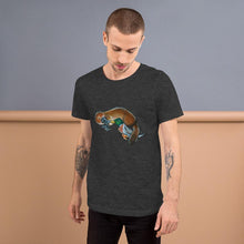 Load image into Gallery viewer, A man is wearing the Platypus Duck Premium T-Shirt in the colour dark grey heather, which includes a print of platypus booping a mallard duck