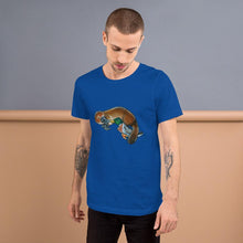 Load image into Gallery viewer, A man is wearing the Platypus Duck Premium T-Shirt in the colour royal blue, which is printed with art of platypus kissing a mallard duck