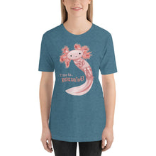 Load image into Gallery viewer, A woman is wearing the Relax Axolotl Unisex Premium T-Shirt in the colour heather deep teal, which includes a graphic of a smiling pink axolotl, and the words, "Time to.. Relaxalotl"