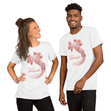 Load image into Gallery viewer, A woman and man are both wearing the Relax Axolotl Unisex Premium T-Shirt in the colour white, which includes a graphic of a smiling pink axolotl, and the words, "Time to.. Relaxalotl"