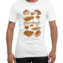 Load image into Gallery viewer, A man is wearing the Sourdough Lovers unisex premium t-shirt in the colour white, printed with art of 10 different sourdough breads.