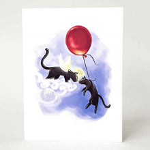 Load image into Gallery viewer, a greeting card, illustrated with an angel black cat greeting another black cat that is floating up thanks to a red ballloon.
