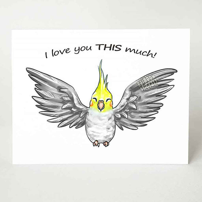 a greeting card, illustrated with a gray cockatiel with wings out stretched. front reads, 