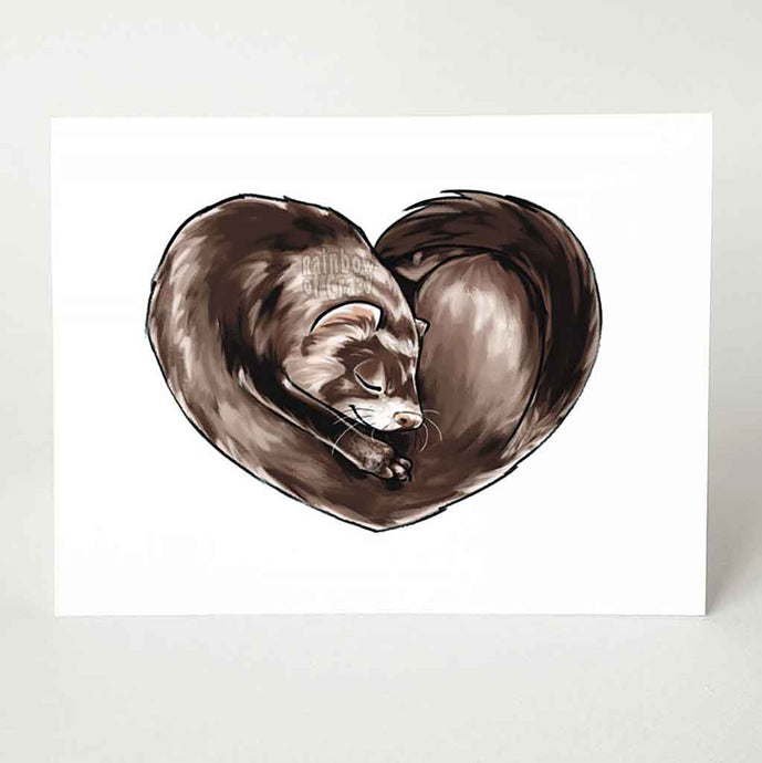 a greeting card illustrated with a ferret curled up into a shape of a heart