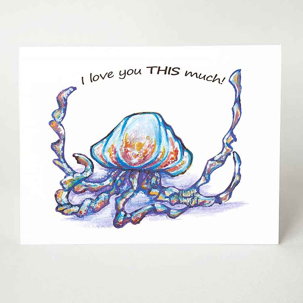 A greeting card, printed with art of blue and purple jellyfish, with two tentacles spread apart, it reads, 